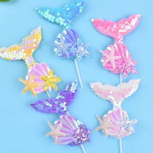 Mermaid Tail Cake Topper Ocean Theme Birthday Party Decorations Shell Starfish Sequined Cake Insert For Kids Baking Ornament