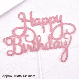 Vue détaillée d'une décoration Happy Birthday à paillettes roses, taille 14x10cm