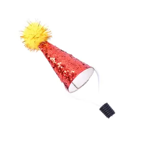 Mini Roter Glitzer Partyhut mit gelbem Pompon und verstellbarem Kinnriemen für Haustiere