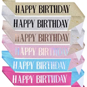 Glitter Happy Birthday sashes in various colors for party decorations and photo props