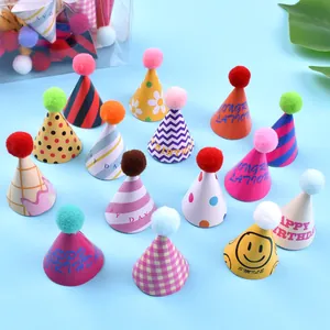 Korean Style Mini Party Hats Cake Toppers Colorful Plaid Polka Dot Smile Face With Pom Poms Birthday Christmas Baking Decorations