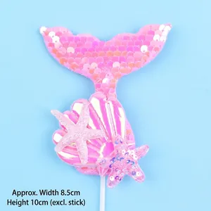 Detailed macro view of pink sequin mermaid tail cake topper showing exact size.