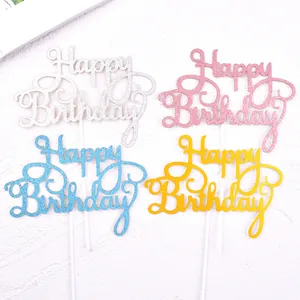 Set de décorations de gâteau Happy Birthday à paillettes en argent, rose, bleu et or.