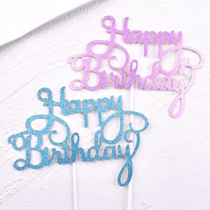Décorations de gâteau Happy Birthday scintillantes roses et bleues pour fêtes d'anniversaire