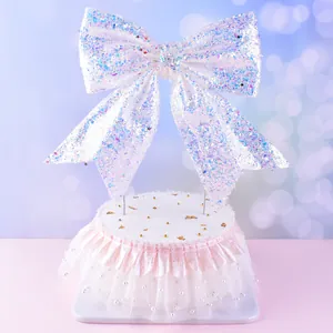 Large Bow Cake Topper Pearl Lace Border LED Baby Light Happy Birthday Sign Birthday Party Cake Decorations