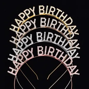 Set of four elegant rhinestone Happy Birthday headbands in gold, silver, rose gold