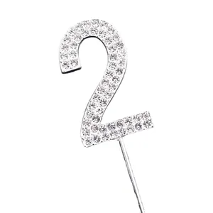 Elegant silver rhinestone number 2 cake topper for birthday party cake decorations