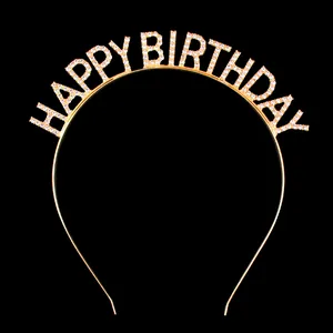 Detailed close-up of a sparkling gold rhinestone HAPPY BIRTHDAY party headband.