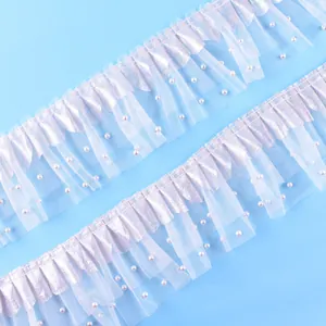 Iridescent pleated mesh trim with faux pearls for cake decoration and creative DIY crafts