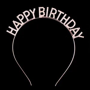 Detailed view of the rose gold rhinestone Happy Birthday headband for parties.