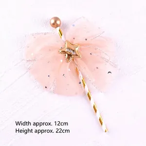 Pink mesh bow cake topper fairy wand with gold star and ball decoration, 22cm height