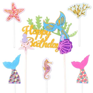 7-teiliges Glitzer-Meerjungfrau-Schwanz und Ozean-Themen Happy Birthday Tortendeko-Set