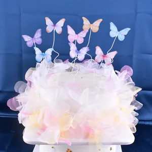 Detailed view of multi-color fabric butterfly cake toppers with white tulle decoration
