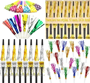 Detailed view of 24 colorful party blowers with metallic fringe and polka dots