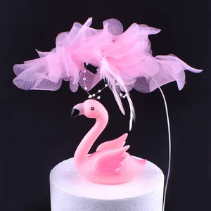 Eleganter Netzblumen Tortenaufsatz Mit Künstlicher Perle Und Feder Romantische Geburtstag Hochzeit Party Tortendekoration Zubehör