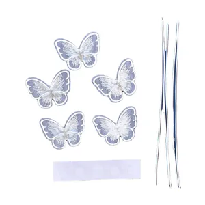 Set of 5 blue and white fabric butterfly cake decorations with tweezers and adhesive