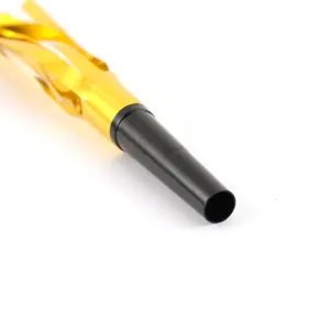 Detailed view of the black plastic mouthpiece on a gold metallic party blower toy