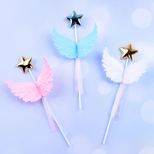 Beautiful set of three creative angel wing cake toppers with stars for birthday party decorations