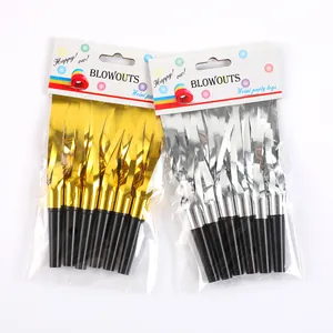 Packaged gold and silver metallic party blowouts with shiny tassels for birthday celebrations