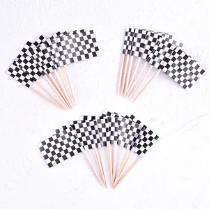 Detailed macro view of 24pcs racing checkered flag toothpick cake toppers on white background