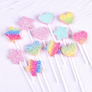 Glitter Fabric Star Heart Cake Topper Set Sparkly Birthday Party Cupcake Decoration Fresh Macaron Color Dessert Inserts
