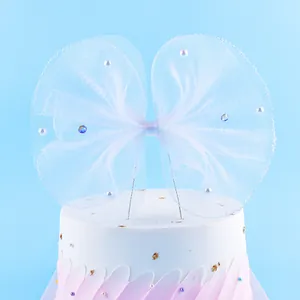 Elegante Cake Topper a Fiocco in Rete Bianca Con Perle Artificiali E Strass Per Decorazione Torta Festa Compleanno E Matrimonio