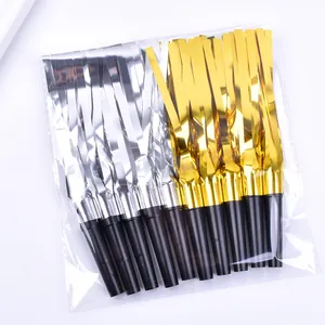 Pack of gold and silver metallic tinsel party blowouts in clear plastic packaging