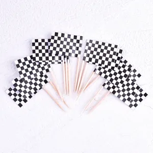 Racing Theme Black White Checkered Flag Cake Toppers Paper Wood Cupcake Picks For Birthday Sports Party Cake Decorations