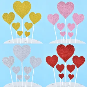 Glitter heart cake toppers in gold pink silver and red colors for party decoration