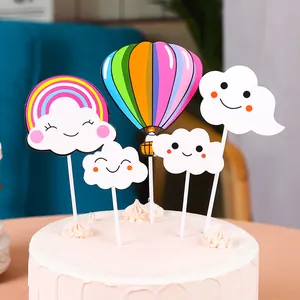 Cute Cartoon Smiling Face Hot Air Balloon Rainbow Cloud Cake Toppers Set Multicolor Paper Cake Decoration For Birthday Party Kids