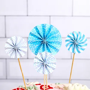Set of 4 blue and white folding paper fan cake toppers for birthday party decoration