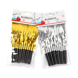 Pack of gold and silver metallic fringe party blowouts for festive birthday celebrations