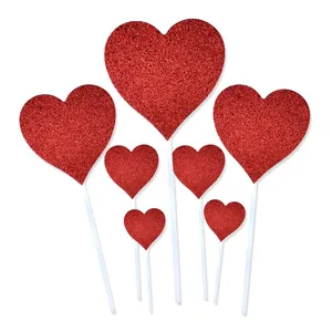 Red glitter heart cake toppers set for Valentine's Day and birthday party decoration