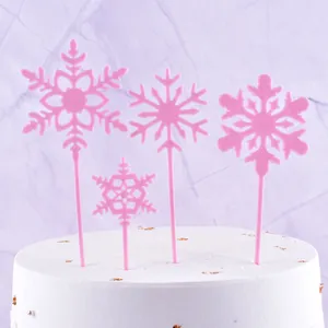 Juego de 4 adornos de plástico rosa para tartas con diseño de copos de nieve para fiesta