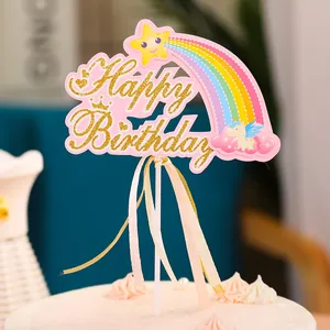 Regenbogen Einhorn Happy Birthday Kuchendeko Mit Glitzer Gold Buchstaben Rosa Blau Band Party Dessert Tisch Dekoration