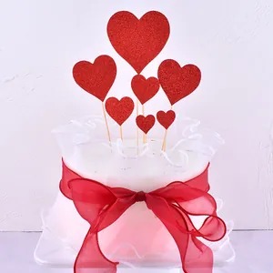Aesthetic Red White Mesh Gauze Cake Border Ribbon With Glitter Heart Topper Set Romantic Cake Decoration For Birthday Valentine Day Wedding Party