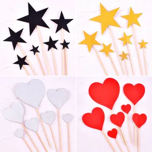Ensemble de Décoration de Gâteau Étoile Coeur Pailleté pour Fête d'Anniversaire Mariage Rouge Or Argent Noir Pics à Cupcake en Papier