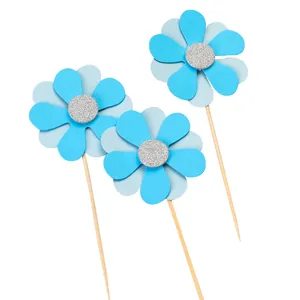 Décorations de gâteau fleurs bleues à double couche avec centre pailleté argent
