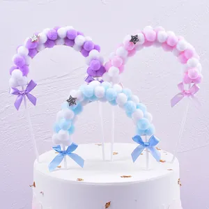 Pompon Bogen Kuchendekoration Mit Schleife Und Glitzerstern Ins-Stil Niedlicher Plüschball Kuchenstecker Geburtstag Party Backen Dekor