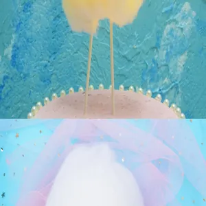 Macro view of fluffy cotton cloud cake toppers in yellow and white colors for birthday cakes