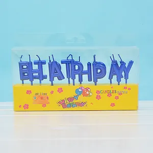 Blaue metallische Buchstabenkerzen Happy Birthday in Klarsichtbox für Tortendeko