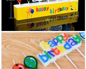 Close-up of colorful "Happy Birthday" letter candles and polka dot balloon candles.