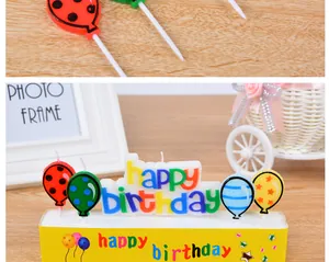 Detail shot of colorful 'happy birthday' letter and balloon-shaped candles for parties