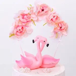 Romantic pink flamingo cake topper set with floral rose arch for wedding cake decoration