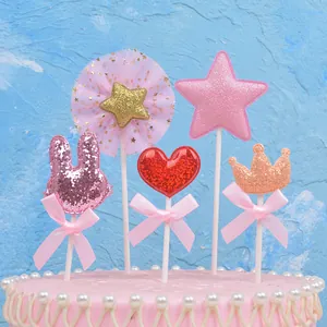 Juego de Adornos para Tarta Corazón Conejo Corona Estrella Purpurina Malla Lazo Decoración para Fiesta de Cumpleaños Mesa Postre