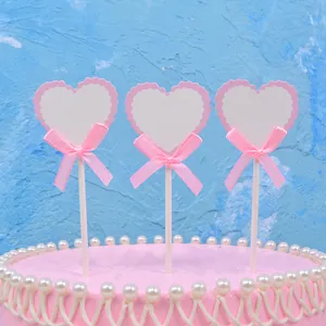 Set of 3 pink heart DIY cake toppers with ribbon bows for birthday party decoration