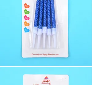 Detailed view of blue metallic spiral birthday candles for cake decoration in retail pack
