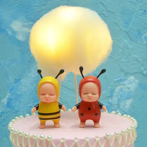 Creative glowing 3D cotton cloud cake topper with cute baby dolls for birthday