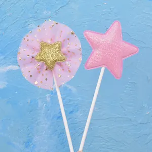 Decoraciones para tartas con estrellas brillantes rosas y doradas para cumpleaños