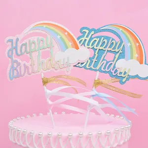 Regenbogen Wolke Happy Birthday Tortendeko Mit Satinband Glitzer Papier Topper Für Party Backen Dekoration Zubehör